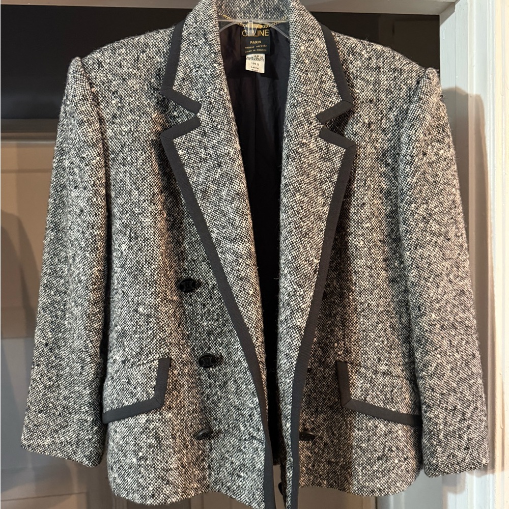 Celine wool Gray Tweed Blazer with Black Trim - Picture 2 of 5